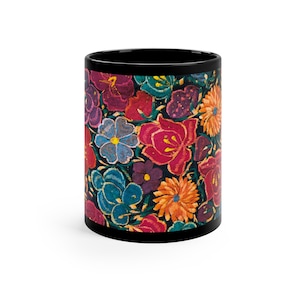 Mexican Floral Embroidery 11oz Black Mug