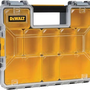 May include: A yellow and clear plastic storage box with the DEWALT logo on the front. The box has multiple compartments for organizing small items.