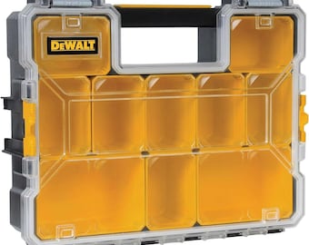 May include: A yellow and clear plastic storage box with the DEWALT logo on the front. The box has multiple compartments for organizing small items.