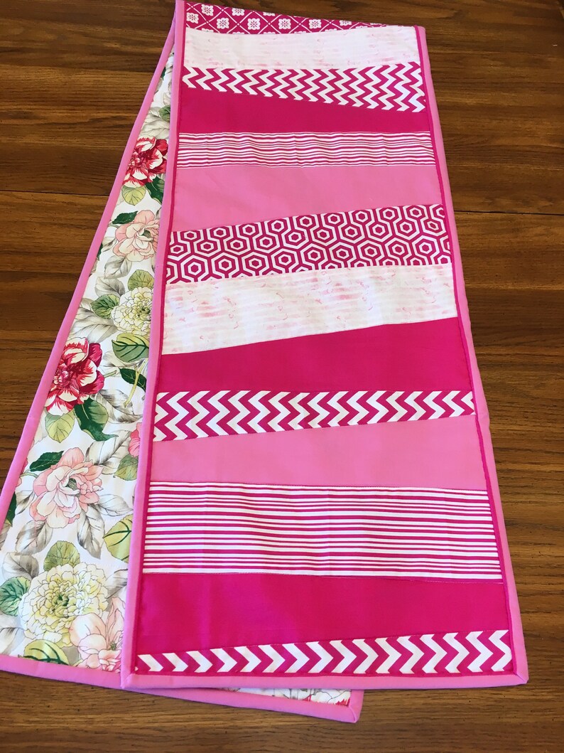 Reversible 70 Reversible Table Runner with pink and white fabric housewarming gift summer table linen Dining Room Table Handmade Table mat