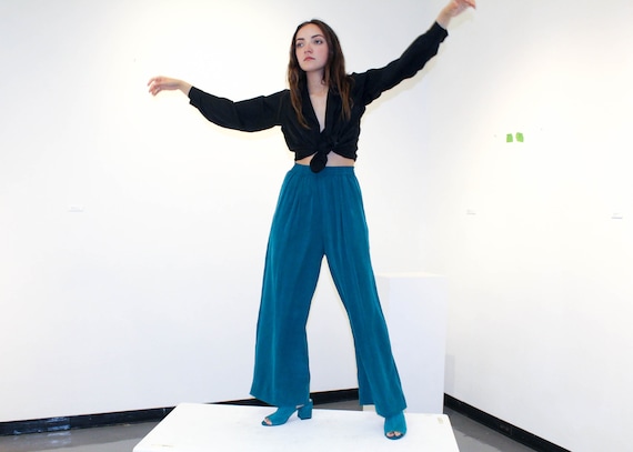 Vintage High Waisted Turquoise Silk Pants - image 2