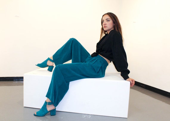 Vintage High Waisted Turquoise Silk Pants - image 1