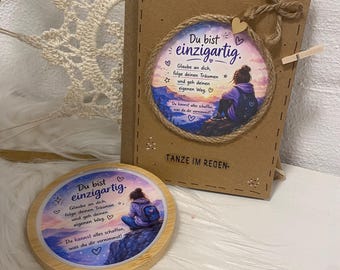 Motivations-Untersetzer aus Holz | Geschenk für Tochter | Mutmacher Geschenk | Positive Affirmation | Set Karte und Untersetzer Geschenk Set