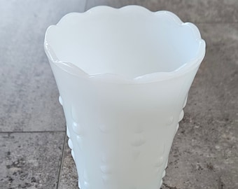 Vintage White Milk Glass Vase, Scalloped Rim with Tear Drop Pattern