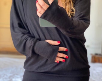 Light Knit Slouchy Oversized  Loose Sweater, Off Shoulder Sweater,  Long Knit Sweater with Thumb hole Sleeves