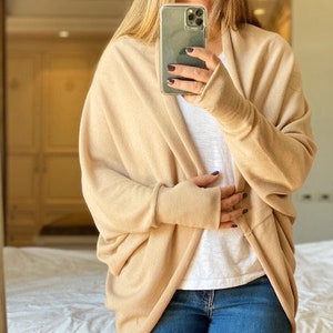 Oversized Beige Warm Shrug-Cozy  Slouchy Loose Wrap-Cardigan with Thumb hole Sleeves ~ Boho Style Clothing