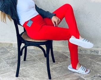 Stirrup Pants 8os Fashion Red Leggings with a Pocket/ Cotton Tights/ Woman High Waist Leggings/Yoga Pants/Comfortable Leggings