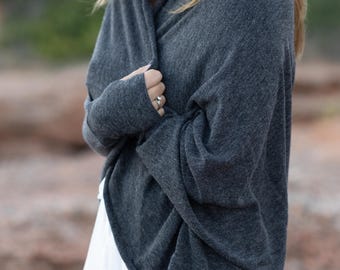 Bolero Gray Shrug, Women Wrap, Dark Grey Cardigan, Long Sleeve Shrug, Thumb Hole Sleeve, Cover Up Evening Shrug, Batwing Top, One Size