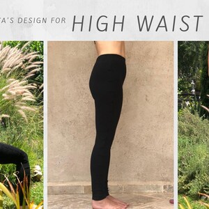 May include: A woman wearing black high-waisted leggings and a black sports bra poses in a garden setting. The text "CHECK MIAMAYA'S DESIGN FOR HIGH WAIST" is displayed at the top of the image.