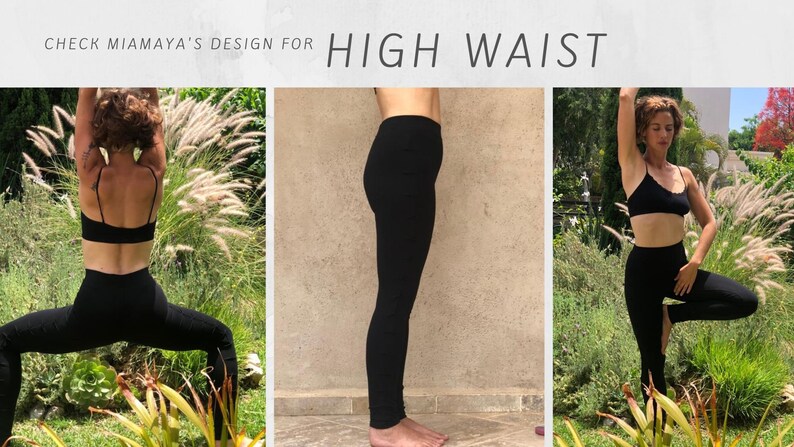 May include: A woman wearing black high-waisted leggings and a black sports bra poses in a garden setting. The text "CHECK MIAMAYA'S DESIGN FOR HIGH WAIST" is displayed at the top of the image.