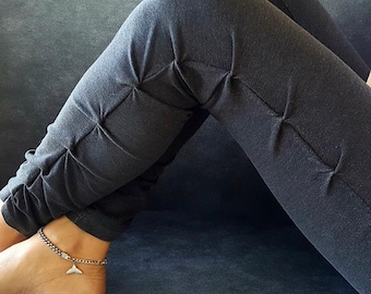 Cotton Leggings for Women ~ Gray Boho Leggings ~ Ruched Leg Leggings ~ Origami Style Leggings ~ Folded Design Leggings ~ Effortless Clothing