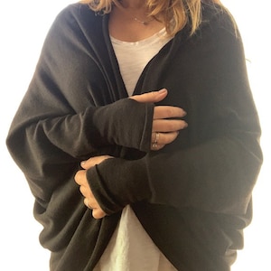 Oversized Black Warm Shrug-Cozy  Slouchy Loose Wrap-Cardigan with Thumb hole Sleeves ~ Boho Style Clothing