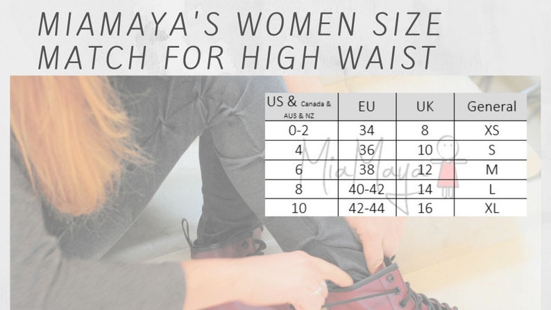May include: A size chart for women's high-waisted pants, showing corresponding sizes in US, EU, UK, and general sizing. The chart shows sizes 0-2 through 10 in US sizing, 34 through 42-44 in EU sizing, 8 through 16 in UK sizing, and XS through XL in general sizing.