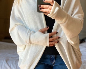 Cozy Cream Cardigan for Women~Dolman Sleeve Shrug~ Oversized Cardigan with Thumbhole Sleeves~Casual One Size Cardigan Sweater~ Batwing Top