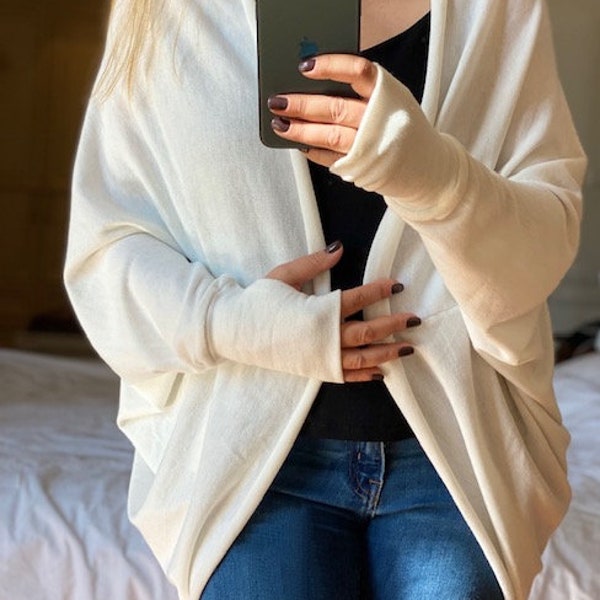 Cozy Cream Cardigan for Women~Dolman Sleeve Shrug~ Oversized Cardigan with Thumbhole Sleeves~Casual One Size Cardigan Sweater~ Batwing Top