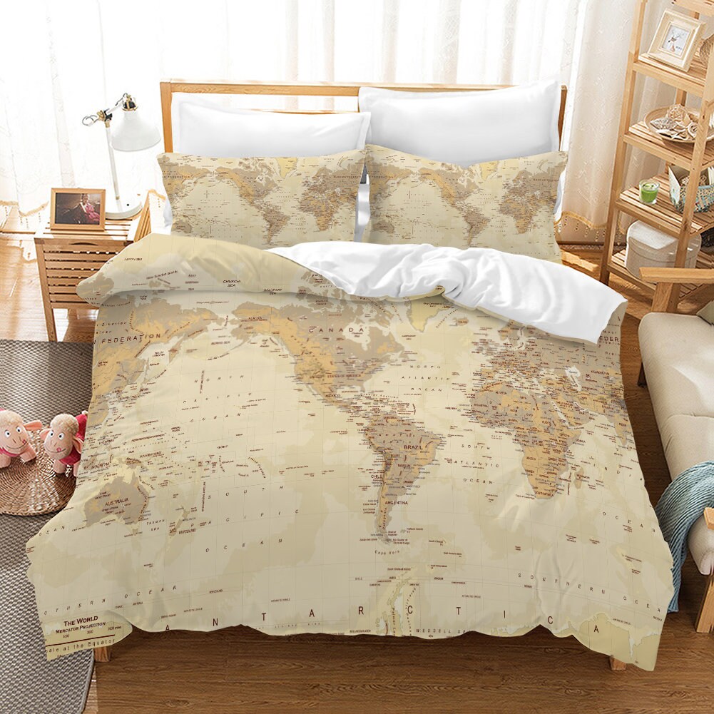 Bedding Set World Map Bed Duvet Cover With Pillowcases Single Etsy