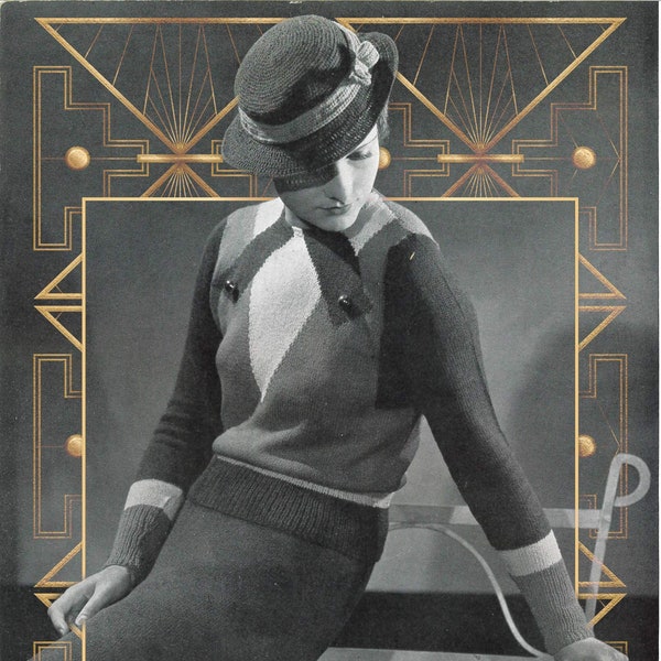 1930s Art Deco Colourblock Sweater, Skirt, & Crochet Hat - Repro Colorblock Knitting Pattern
