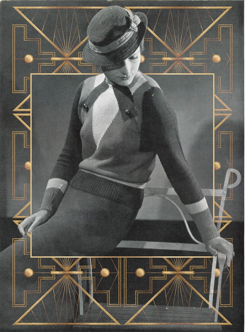 1930s Art Deco Colourblock Sweater, Skirt, & Crochet Hat - Repro ...