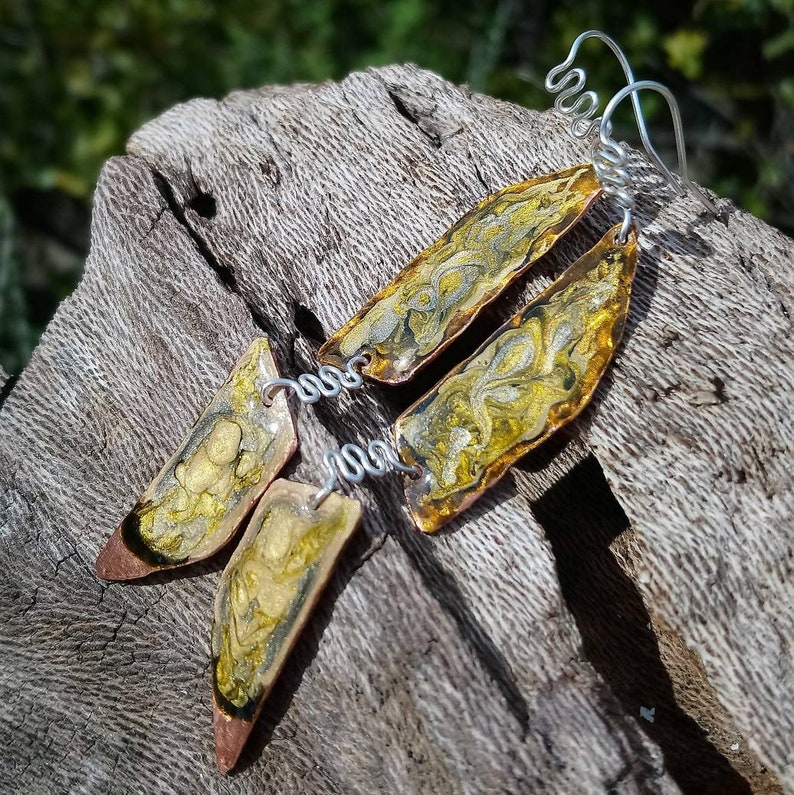 7th anniversary gift for mom handmade artisan silver ear wires long dangle earrings hand painted enamel earrings Statement earrings