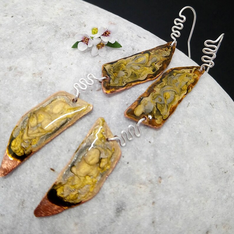 7th anniversary gift for mom handmade artisan silver ear wires long dangle earrings hand painted enamel earrings Statement earrings