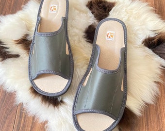 Bosaco Mens Leather Slippers Gray Handcrafted Luxury ORTHOPEDIC