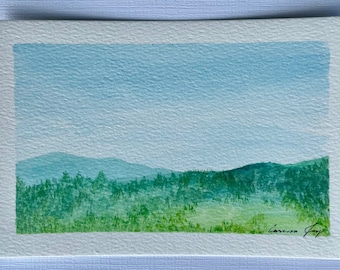 Original Watercolor Landscape Painting Mini 4in x 6in Mountain Greenery