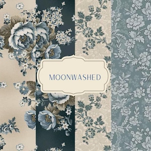 May include: A collection of four vertical panels featuring floral patterns in shades of blue, cream, and dark gray. A central cream-colored label with a decorative border displays the text MOONWASHED in dark blue capital letters.