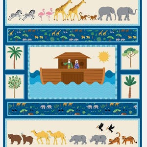 Kit / Bundle - Riley Blake Two by Two Noah's Ark Baby Quilt Panel & Backing Fabric