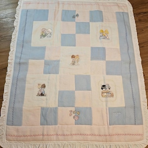 Precious Moments Embroidered Baby Quilt: Blue, White, Pink Fleece with 100% Cotton Backing