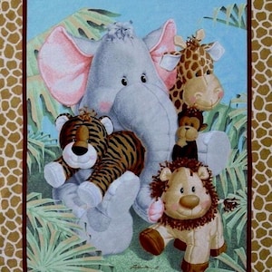 May include: A colorful fabric panel featuring plush animal toys: an elephant, giraffe, tiger, monkey, and lion. The background includes a blue sky and green foliage, with a giraffe-print border. The toys are soft and cuddly.
