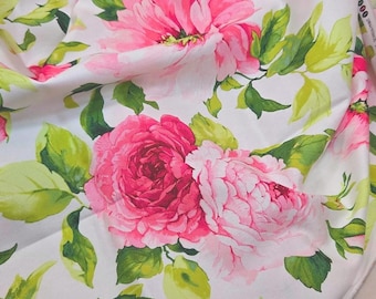 HY Canvas DUCK Cloth 100% Cotton White with Large Rose Pink Peonies