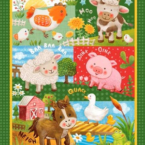 May include: A colorful fabric panel featuring cartoon farm animals including a chicken, cow, sheep, pig, horse, duck, and frog. The design includes the text CLUCK, MOO MOO, BAA BAA BAA, OINK OINK, QUACK, and NEIGH, set against a green polka dot border.