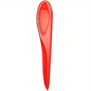 May include: A vibrant red shoehorn with a long, curved handle and a rounded tip. The shoehorn is made of a translucent material, and the design includes a small oval opening near the top. The overall shape is sleek and ergonomic.