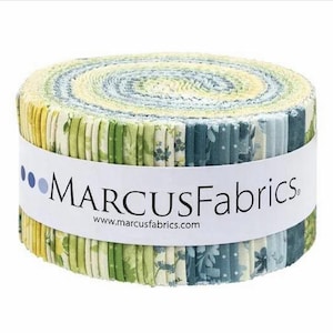 May include: A jelly roll fabric bundle featuring tightly wound strips of cotton fabric in shades of yellow, light green, dark green, and blue. The fabric strips display various floral and geometric patterns. A white paper band wraps around the center.