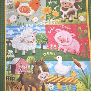 May include: A colorful farm-themed fabric panel featuring cartoon illustrations of farm animals. The panel includes a chicken, cow, sheep, pig, horse, and duck, each with their respective sounds written above them. The background is divided into sections with a green border.