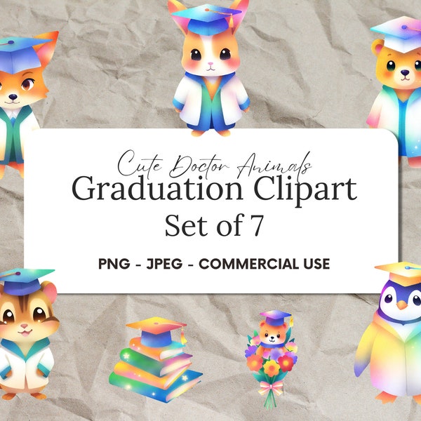 Doctor Graduation Clipart, Colorful Doctor Graduation, Cute Animal Clipart, Graduation Caps Illustrations, Whimsical Doctor Art, Party Decor