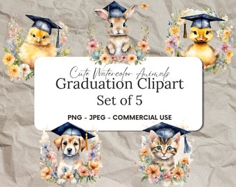 Watercolor Graduation Animal Clipart, DIY Cards (PNG, JPG)