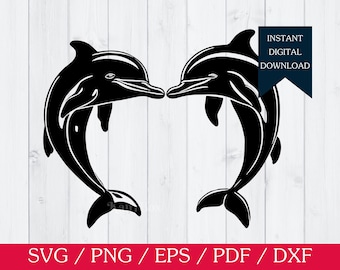 Op de afbeelding: Zwart silhouet van twee dolfijnen die tegenover elkaar staan. Een marineblauwe banner toont "INSTANT DIGITAL DOWNLOAD". De tekst "SVG / PNG / EPS / PDF / DXX" staat in wit op een rode banner.
