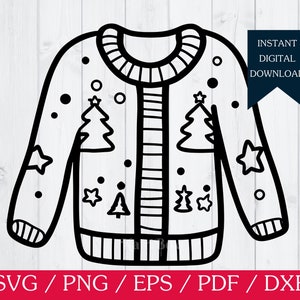 Op de afbeelding: Zwart-witte lijntekening van een kersttrui met een feestelijk ontwerp met kerstboom en sterren.  INSTANT DOWNLOAD DIGITAL. SVG, PNG, EPS, PDF, DXF.