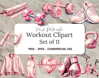 Op de afbeelding: Roze aquarel clipart set van 11 workout illustraties. Bevat dumbbells, een springtouw, een yogamat, een kettlebell, bokshandschoenen, een waterfles, een hart met een hartslaglijn, een hometrainer en een jas.