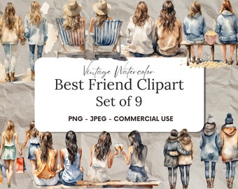 May include: A set of nine watercolor illustrations of best friends. The illustrations are in a vintage style and feature women with long hair wearing various outfits. The text "Vintage Watercolor Best Friend Clipart Set of 9 PNG - JPEG - COMMERCIAL USE" is at the bottom of the image.
