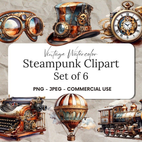 Steampunk Clipart, Vintage Steampunk Clipart, Industrial Fantasy Illustrations, Retro Machinery Graphics, Antique Gears and Cogs, Watercolor
