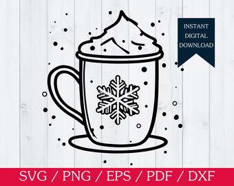 Hot Cocoa Mug SVG: Winter Drink Clipart, Snowflake Cup Illustration, Christmas Craft (Digital File)