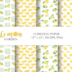 Modèles Sans Couture Aquarelle Citron. Lot de 15 papier numérique citron, paquet de papier de scrapbooking citron, papier numérique agrumes, téléchargement numérique.