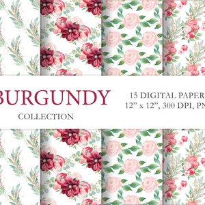 Carta digitale per matrimoni in Borgogna. Sfondi Scrapbook, Marsala Modello senza cuciture, Carta di Scrapbook floreale, Clipart floreale ad acquerello, BGD