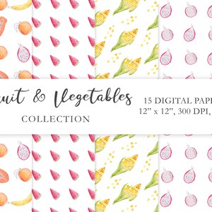 Papeles digitales de acuarela de frutas y verduras, 15 patrones sin costuras de verano, paquete de papel digital de álbum de recortes, papeles de limón de acuarela. VFT