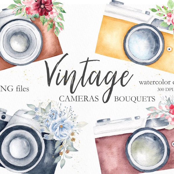 Watercolor Floral Vintage Camera Clipart, Hand Painted Polaroid Retro Photo Camera & Flower Bouquet Boho Clip Art, Digital Logo. C006