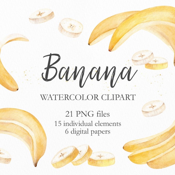 Banana Summer Fruit Watercolor Clipart & Digital Paper Pack, Tropical Fruits DIY Cliparts for Scrapbooking, Graphics, Stickers, Planner.C009