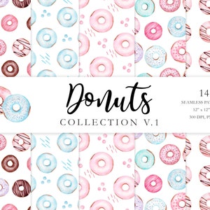Carta digitale ciambella, carta ciambelle ad acquerello, modello di compleanno ciambella senza soluzione di continuità, carta digitale Sweet Donut Png, download istantaneo. C008 ·