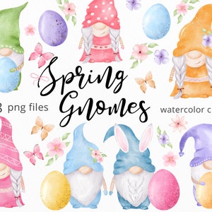 Clipart aquarelle de lutins de printemps, clipart lutins de Pâques, PNG Gnome, Clipart printemps avec gnomes, oeufs de Pâques, fleurs, oreilles de lapin. C032